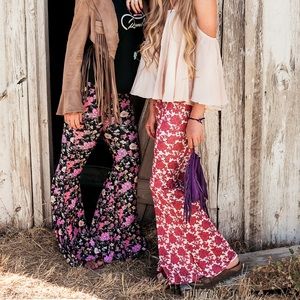 Boho tan and deep red floral bell bottoms